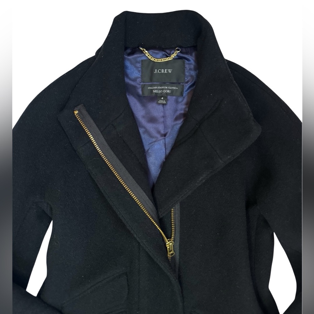 J.Crew Italian Stadium Cloth Wool Blend Coat Women 4 Black Heavy Zip Nello Gori - Picture 2 of 15